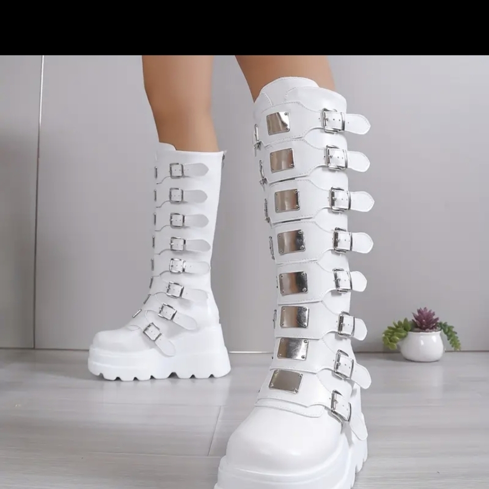 Source Unknown White Multi-Buckle Combat Boots NWT - image 1